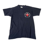 Navy blue t-shirt with a graphic design on a white background