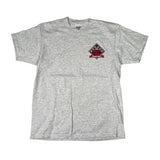 Gray t-shirt with a red and black logo on a white background
