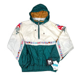 White and green jacket with colorful accents on a white background