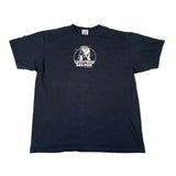 Black t-shirt with a graphic design on a white background