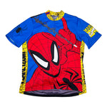 Spider-Man themed shirt with blue, red, and yellow colors on a white background