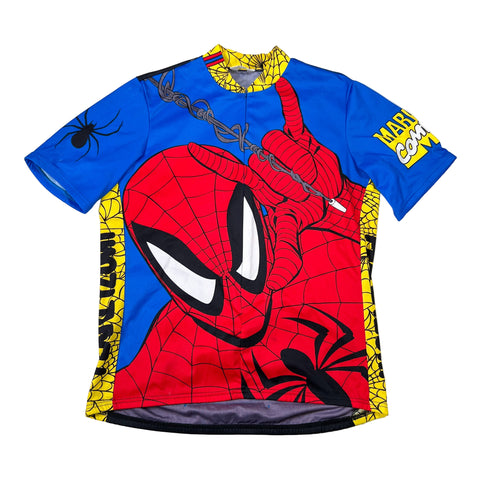 Spider-Man themed shirt with blue, red, and yellow colors on a white background