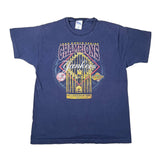 A vintage navy blue short-sleeve t-shirt featuring a New York Yankees graphic celebrating their 1990 World Series Champions title. The graphic includes the text 'Champions' in arched letters, 'Yankees' in script, and a gold baseball bat design, laid flat on a white background.