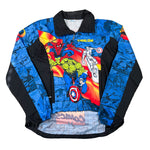 Colorful jacket with superhero designs on a white background