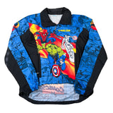 Colorful jacket with superhero designs on a white background