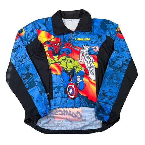 Colorful jacket with superhero designs on a white background