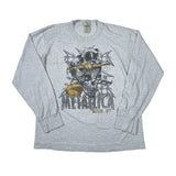 A heather gray long-sleeve graphic t-shirt featuring a 'Metallica Tour 97' skull and thorns design on the front, laid flat on a white background.