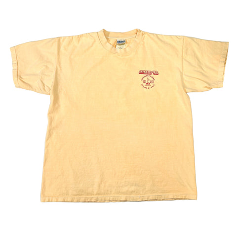 Yellow t-shirt with a logo on a white background