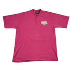 Pink polo shirt with a logo on a white background