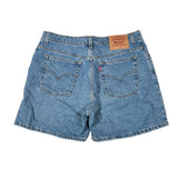 Blue denim shorts with Levi's branding on a white background