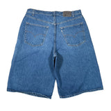 Blue denim shorts on a white background