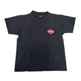 Black t-shirt with a logo on a white background