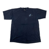 A dark navy blue short-sleeve t-shirt with a small white graphic logo on the left chest, laid flat on a white background.