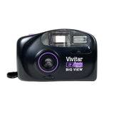 Black Vivitar camera with purple accents on a white background