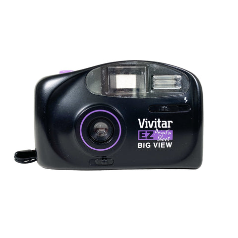 Black Vivitar camera with purple accents on a white background