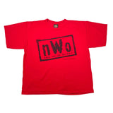 A red short-sleeve t-shirt with a black distressed graphic on the front reading 'nWo new world order', laid flat on a white surface.