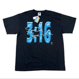 A black short-sleeve graphic t-shirt featuring a large blue '3:16' design with a white cursive signature across the front, laid flat on a white background.