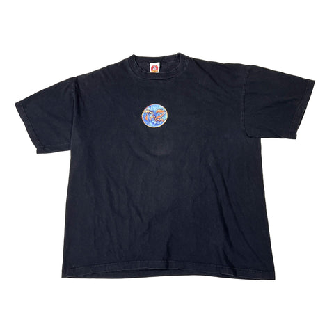 Black t-shirt with a colorful logo on a white background