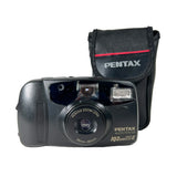 Pentax camera with a black case on a white background