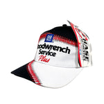 Cap with multiple brand logos on a white background
