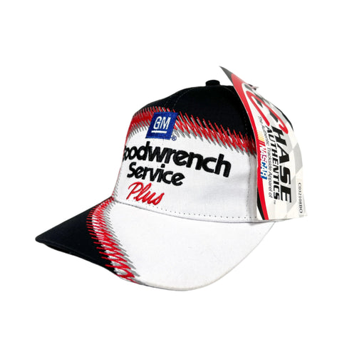 Cap with multiple brand logos on a white background
