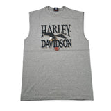 A heather gray sleeveless muscle t-shirt featuring a distressed black and white Harley-Davidson eagle graphic with the brand name and logo printed on the chest, laid flat on a white background.