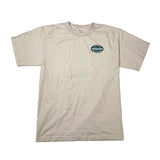 A beige short-sleeve t-shirt with a small oval 'Seaweed' graphic printed on the left chest, laid flat on a white background.