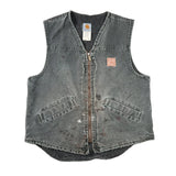 A heavily distressed and stained gray Carhartt vest with a front zipper, laid flat on a white background.
