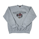 Gray Harley-Davidson sweatshirt with motorcycle graphic on a white background
