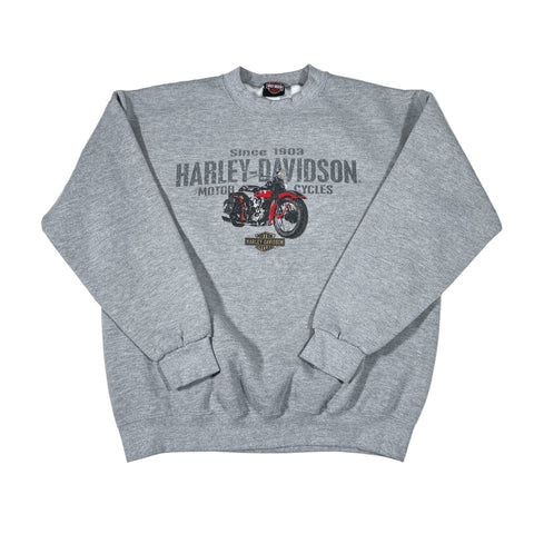 Gray Harley-Davidson sweatshirt with motorcycle graphic on a white background