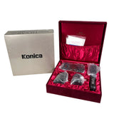 Konica camera set in a red box with a white background