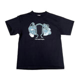 Black t-shirt with graphic design on a white background