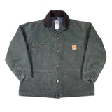 Green work jacket with Carhartt logo on a white background