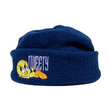 Navy blue beanie with Tweety bird embroidery on a white background