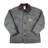 Folded gray jacket with a brand logo on a white background