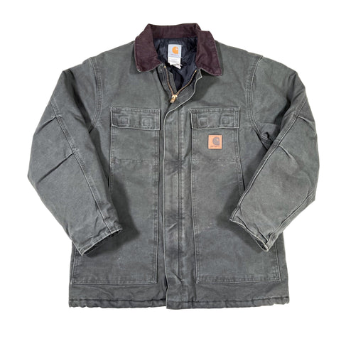 Folded gray jacket with a brand logo on a white background