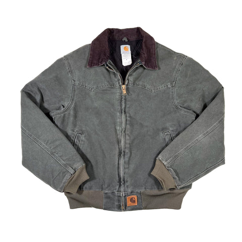 Gray jacket with a brand label on a white background