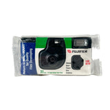 A sealed package of 27 Fujifilm 35mm instant cameras, still in its original retail plastic blister pack with printed branding and product details.