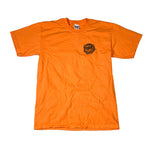 Orange t-shirt with a small logo on a white background