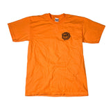 Orange t-shirt with a small logo on a white background
