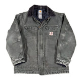 Folded gray denim jacket with Carhartt logo on a white background