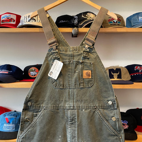 Carhartt オーバーオール Mosグリーン 古着 Carhartt パデット MOS モスグリーン ダック Wニー ワーク