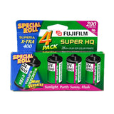 Packaging of Fujifilm Superia X-TRA 400 film with four rolls on a white background