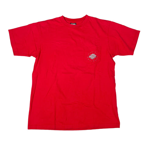 Red t-shirt with a logo on a white background