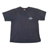 faded black t-shirt with a logo on the chest pocket against a white background