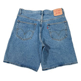 Blue denim shorts with Levi's branding on a white background