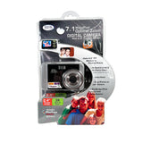 Digital camera in packaging with promotional images on a white background