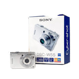Sony Cyber-shot DSC-W55 camera with its packaging on a white background