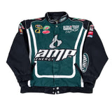 Green and black racing jacket with various sponsor logos on a white background