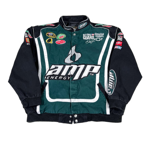 Green and black racing jacket with various sponsor logos on a white background